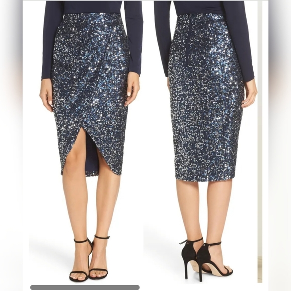 Eliza J Dresses & Skirts - Eliza J NWT Faux Wrap Skirt | Navy and Silver Sequin Cocktail Party Sz 6
